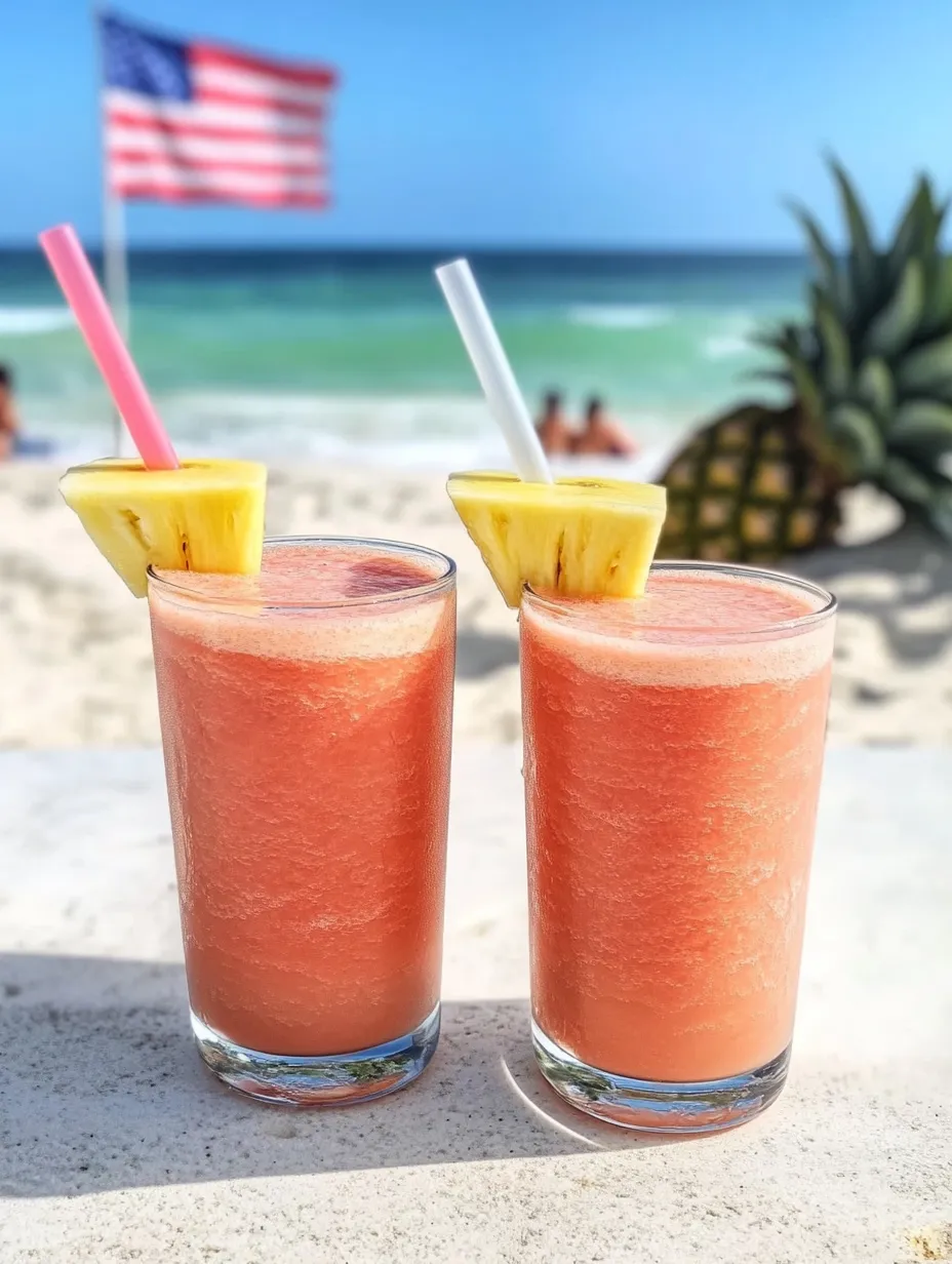 Two pink smoothies with pineapple on top.