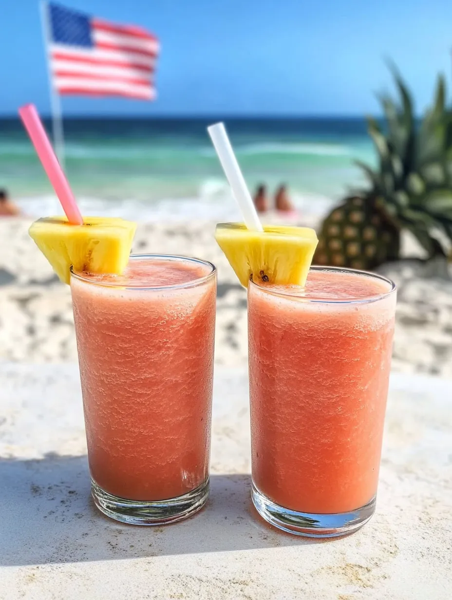 Two pink smoothies with pineapple on top.