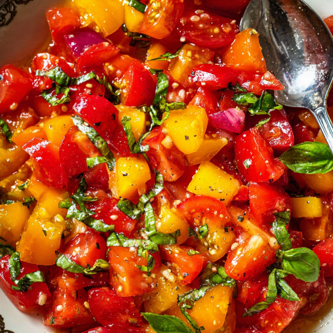A bowl of tomatoes with basil.