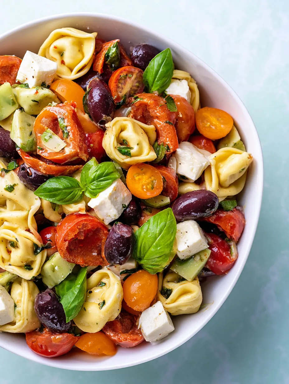 A bowl of pasta with tomatoes, olives, and cheese.