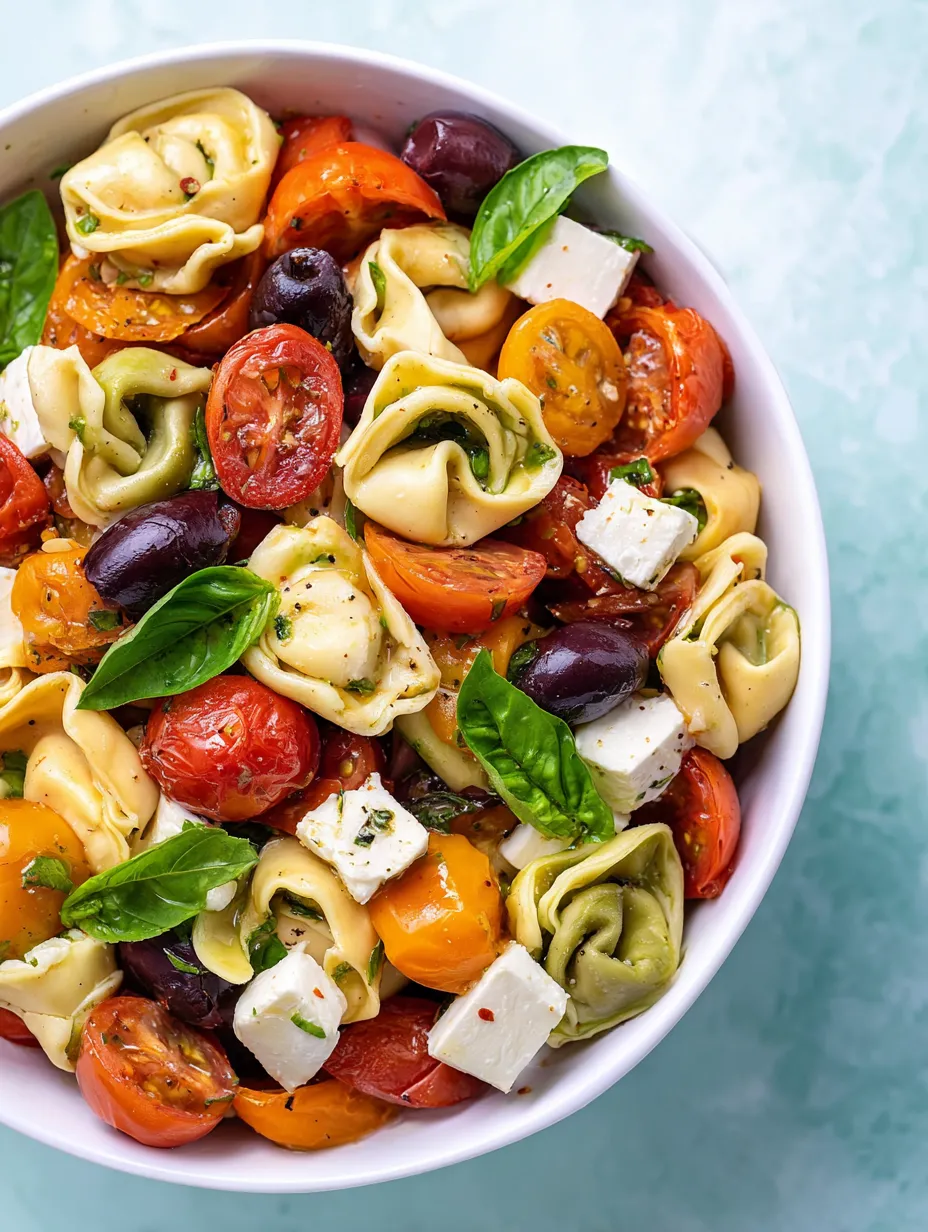 A bowl of pasta with tomatoes, olives, and cheese.