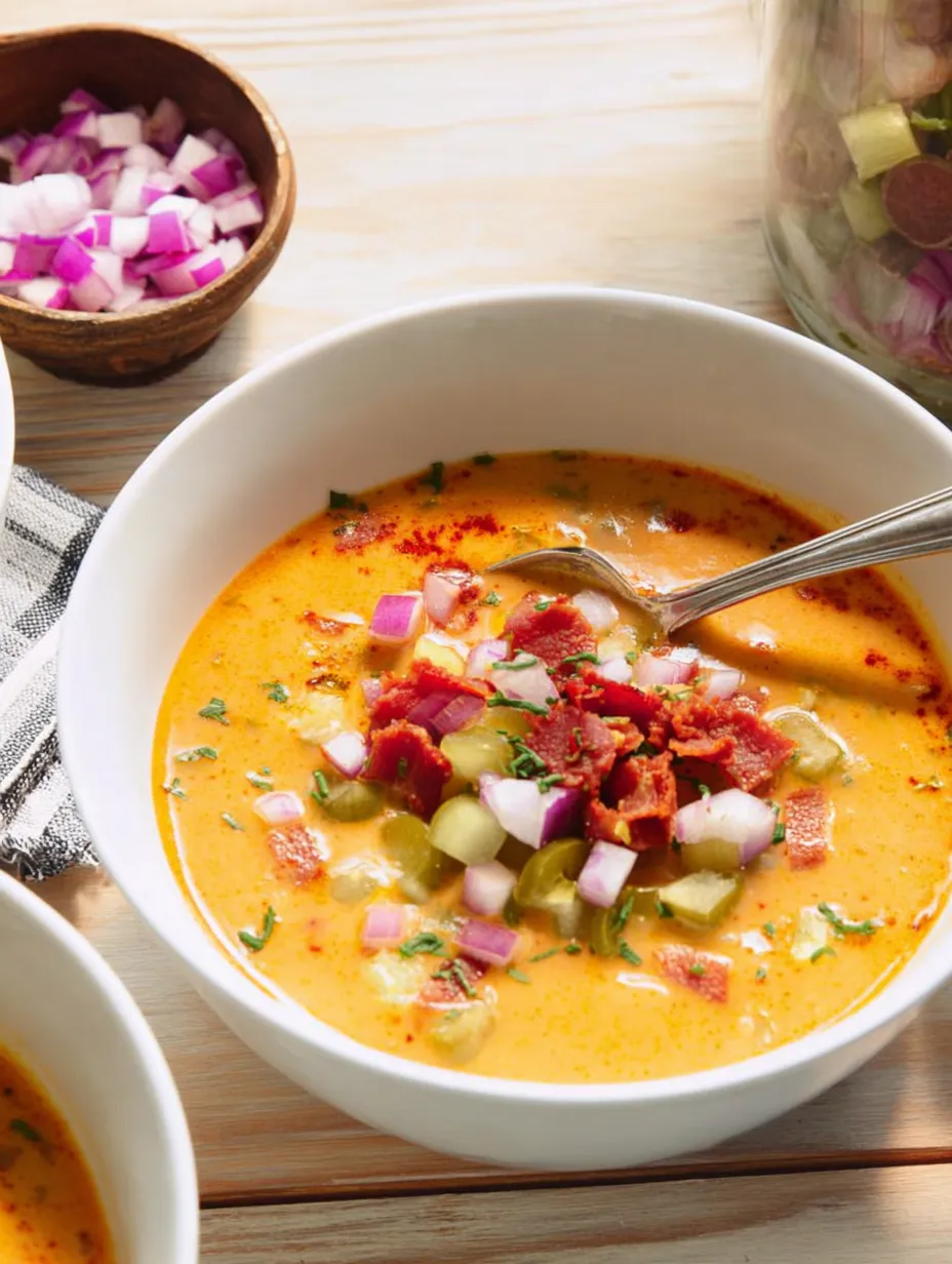 A bowl of soup with onions and peppers.