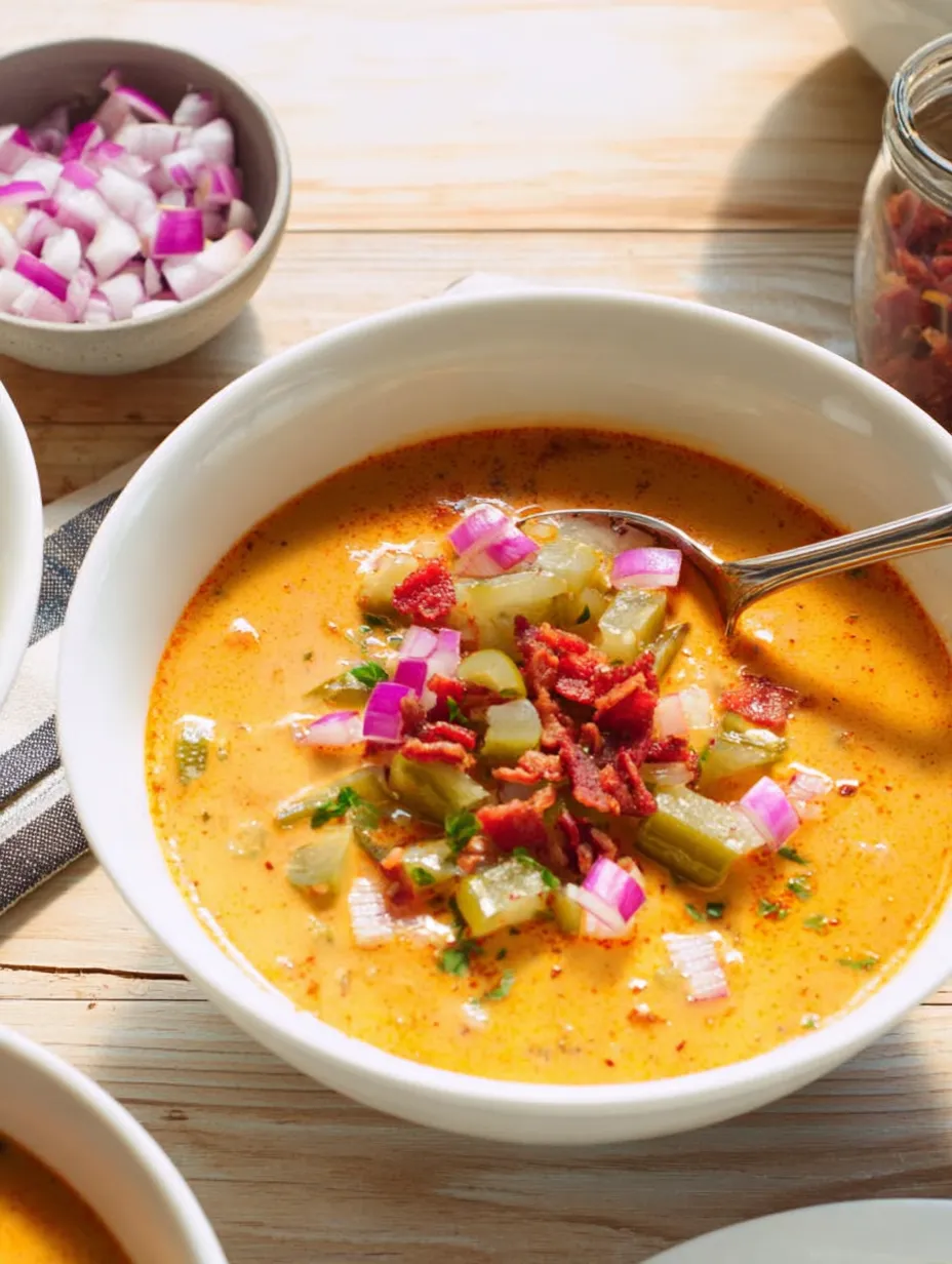 A bowl of soup with vegetables and bacon.