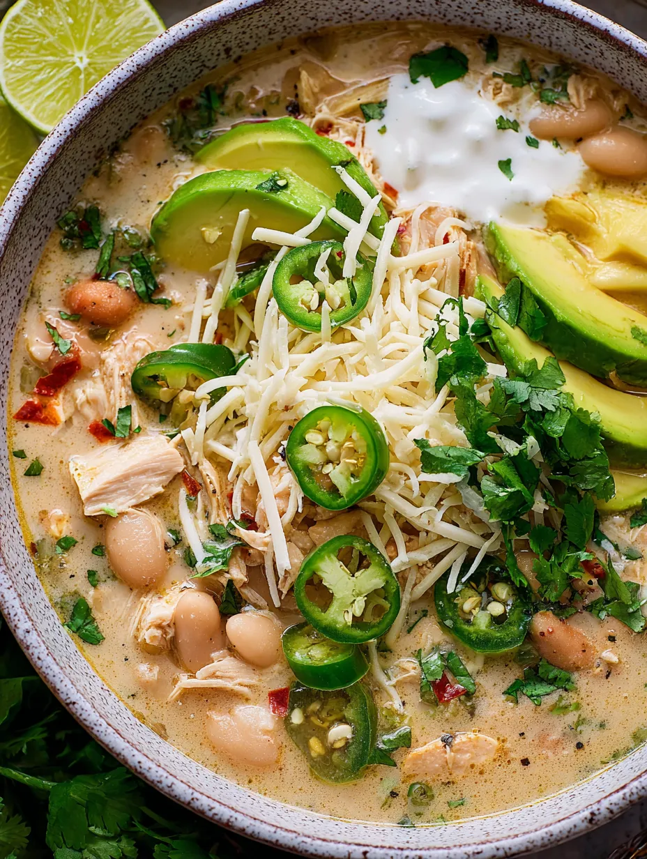 Soup bowl loaded with chicken, beans, avocado slices, and jalapenos.