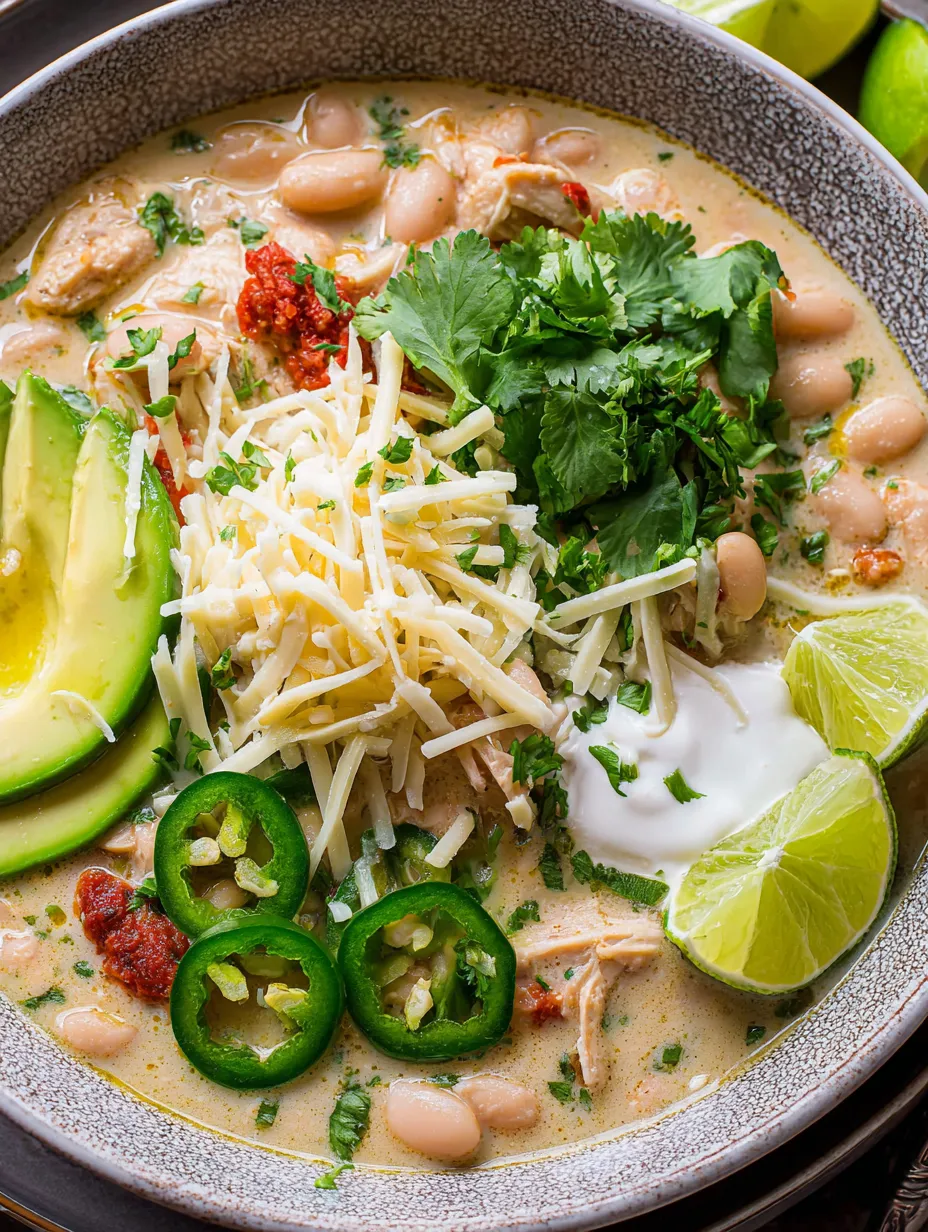 Soup bowl packed with chicken, beans, and bright peppers.