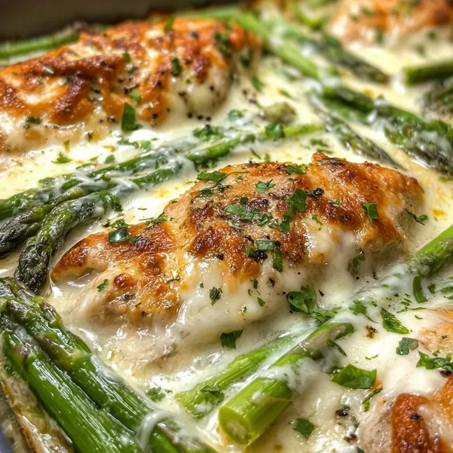 Chicken with cheesy asparagus all in one dish.