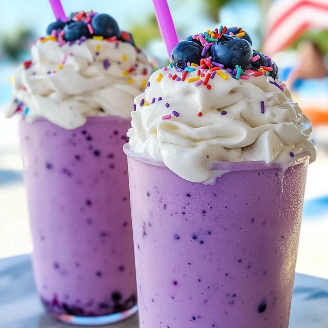 Two tall glasses filled with blueberry shake and decorated with pink straws.