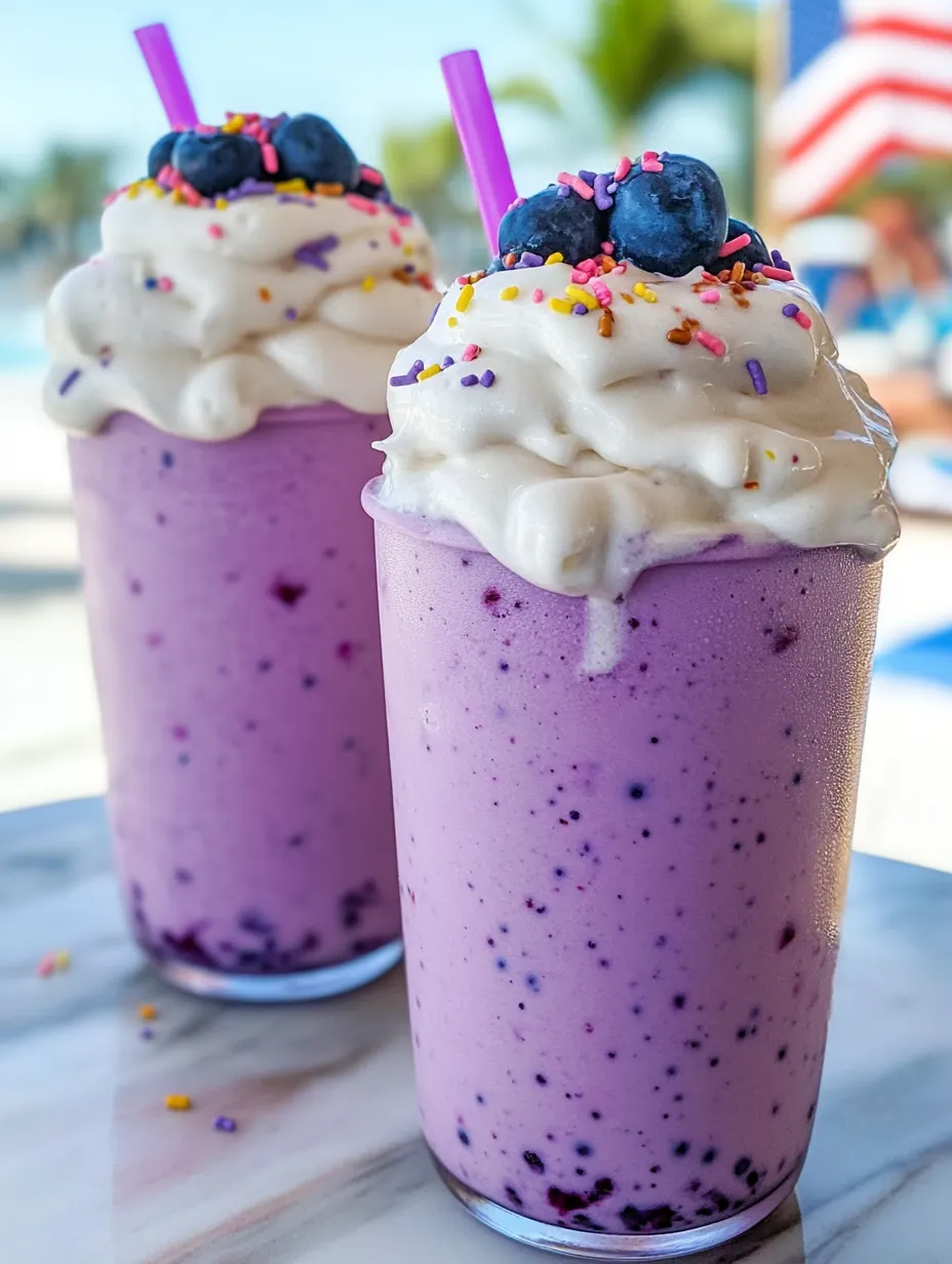 Two tall glasses filled with blueberry shake topped with sprinkles.