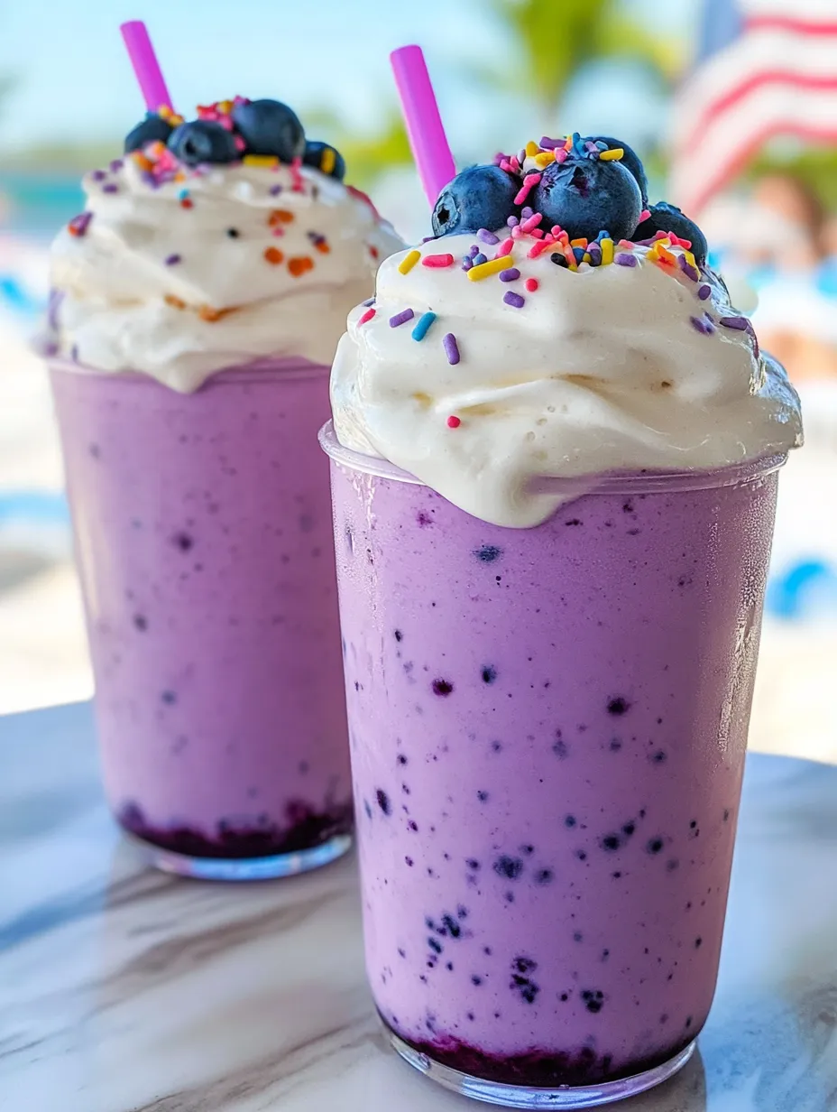 Two blueberry shakes ready to drink.