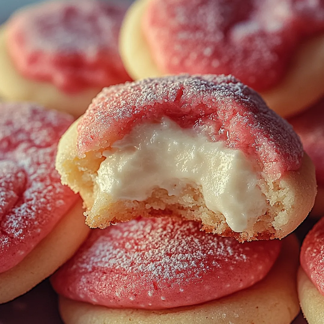 Close-up of a cookie with bright strawberry bits and cream cheese swirls showing.
