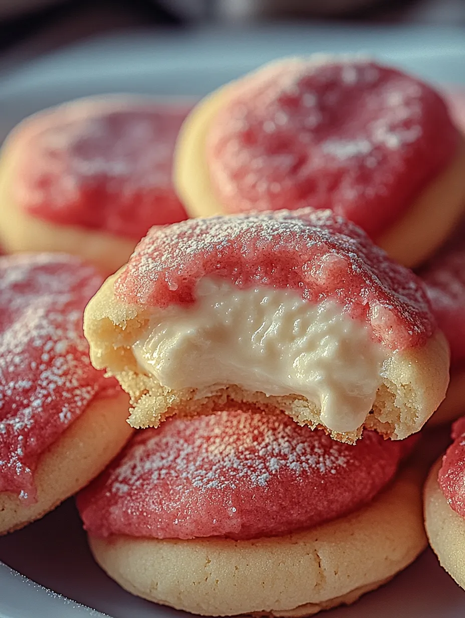 A red and white cookie with a bite taken out of it.