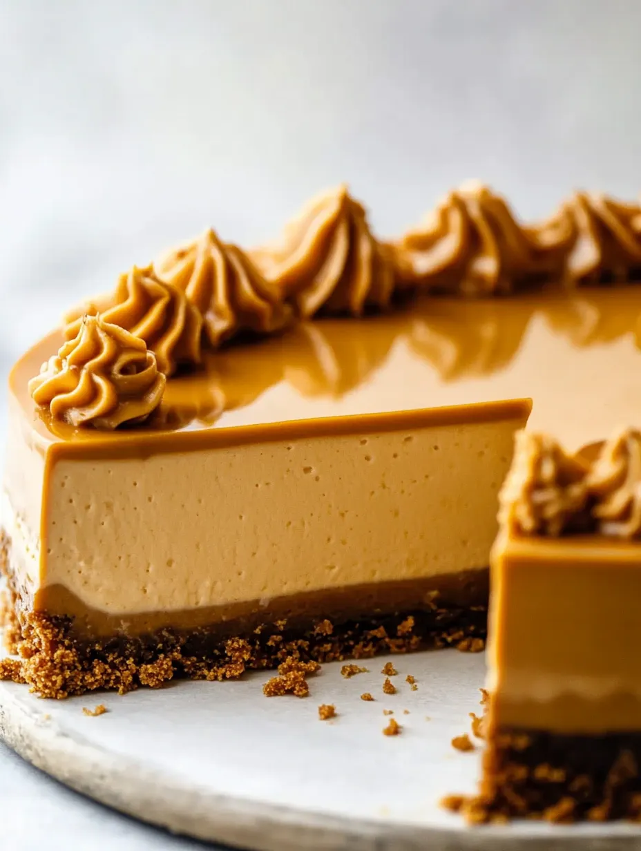 Caramel cheesecake slice with caramel drizzle.