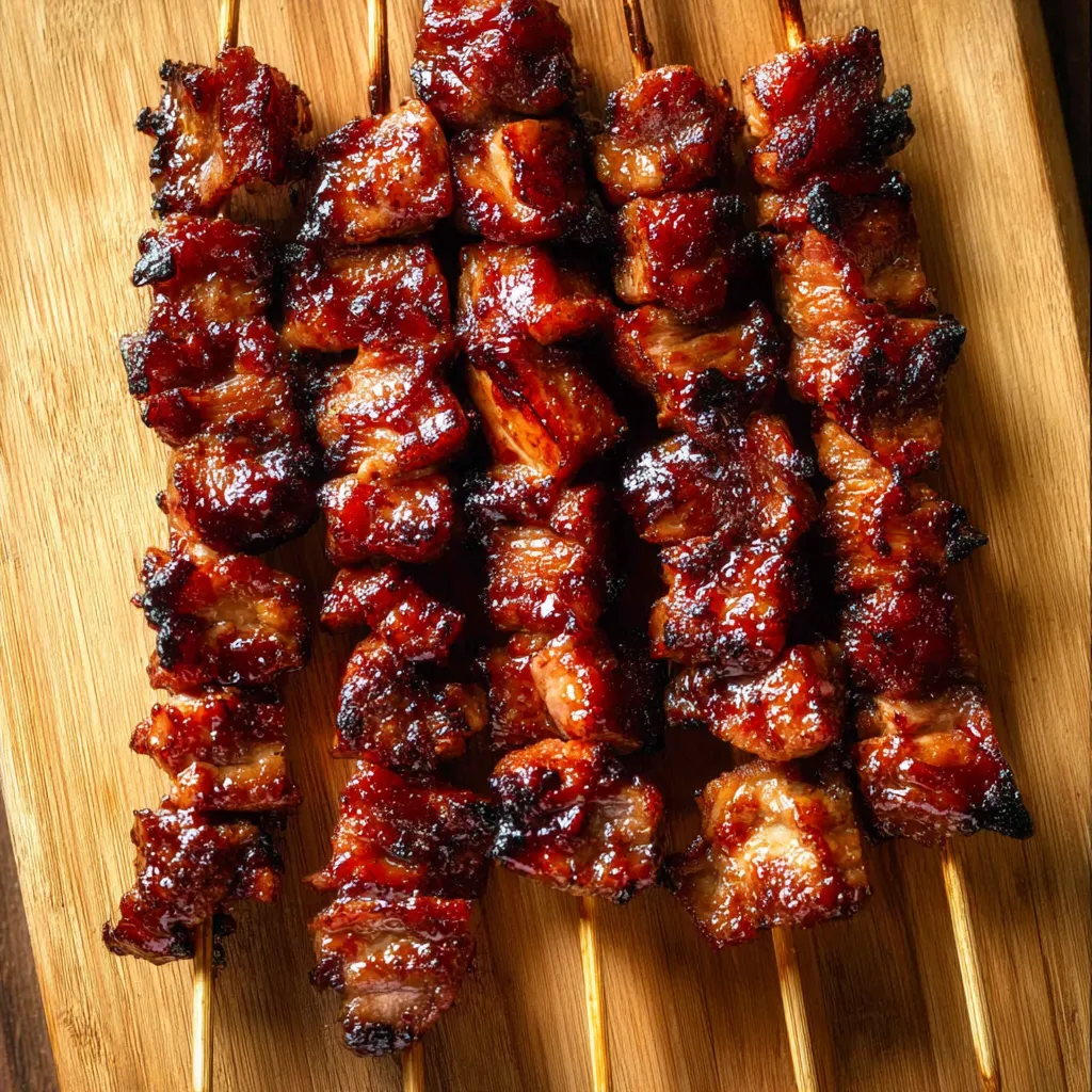 A wooden plank with grilled meat on it.