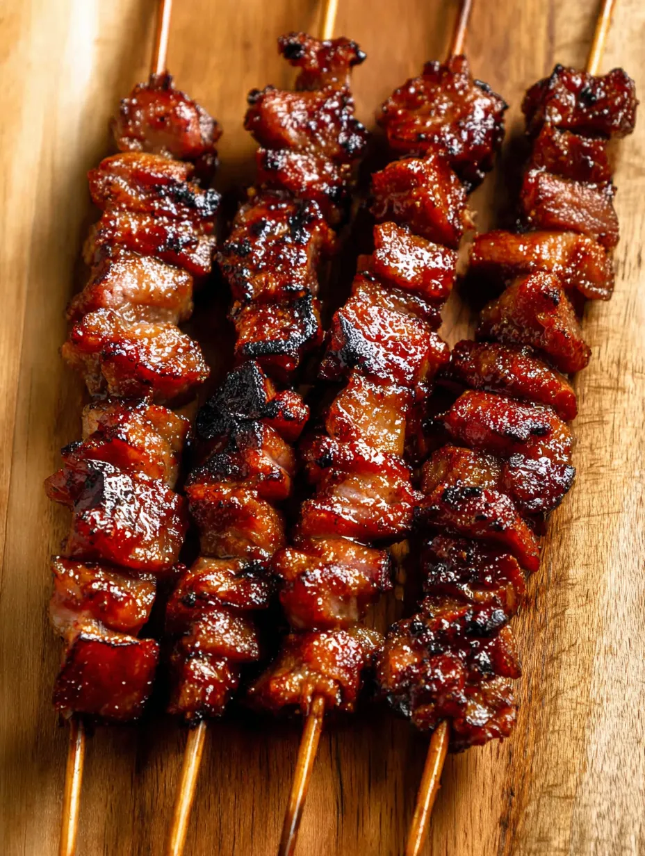 A wooden platter with a bunch of shish kabob.