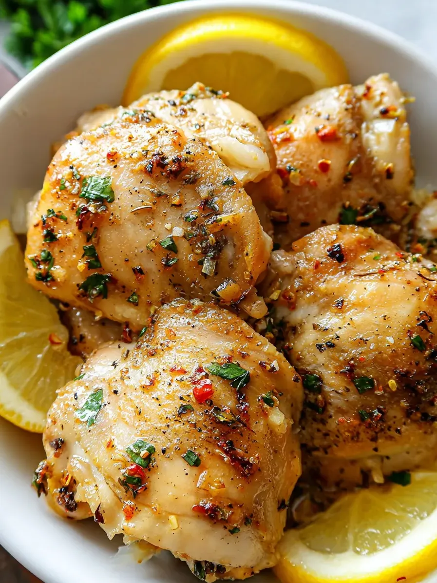 A bowl of chicken with lemon slices.