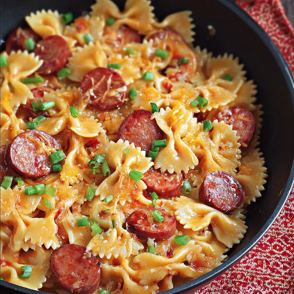 A bowl of pasta with meat and vegetables.