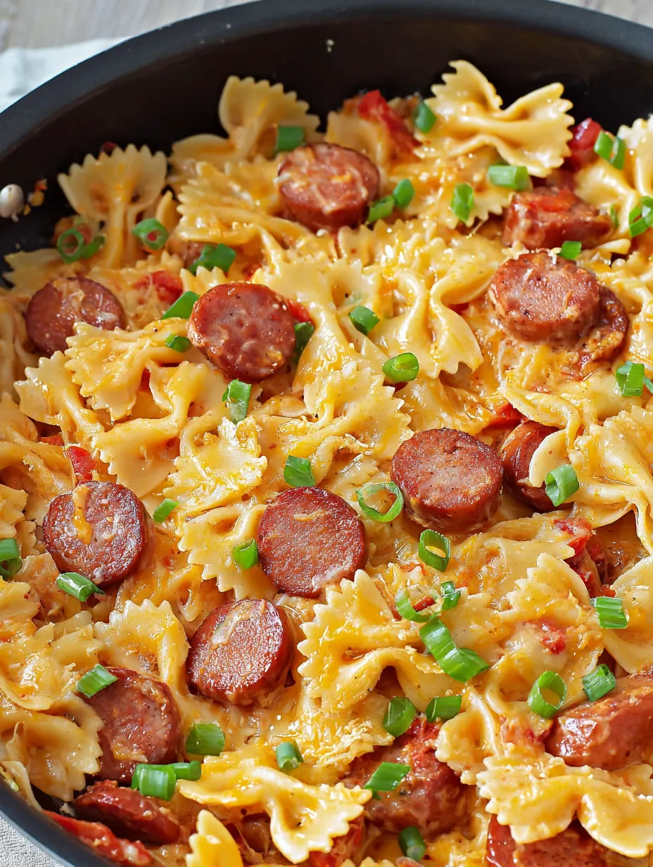 A bowl of pasta with sausage and green onions.