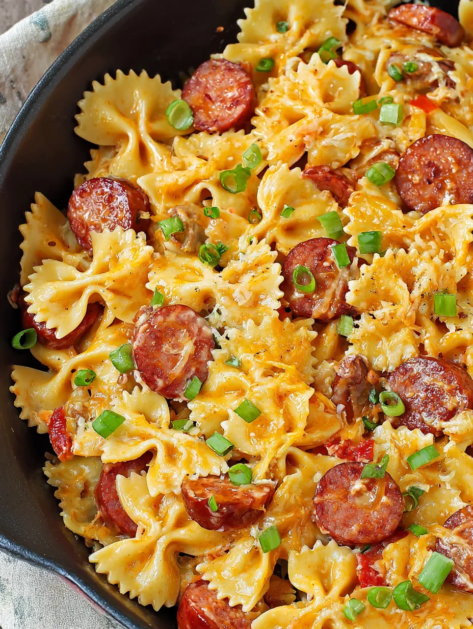 A bowl of pasta with sausage and green onions.