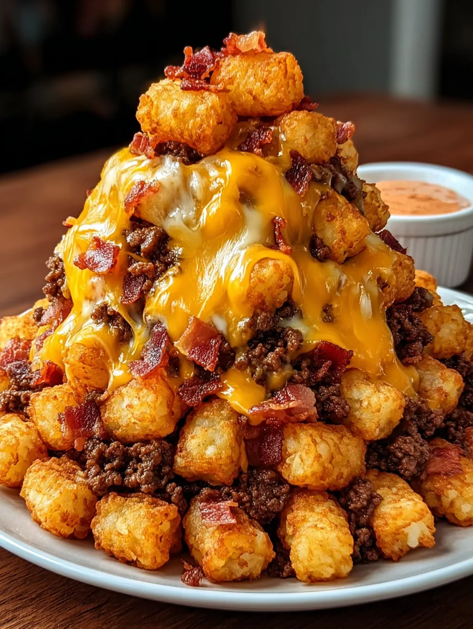 A plate of food with a bacon cheese burger and tater tots.