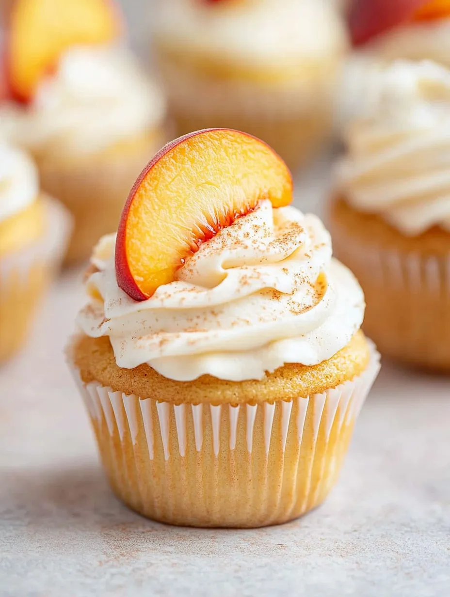 A cupcake with a peach on top.