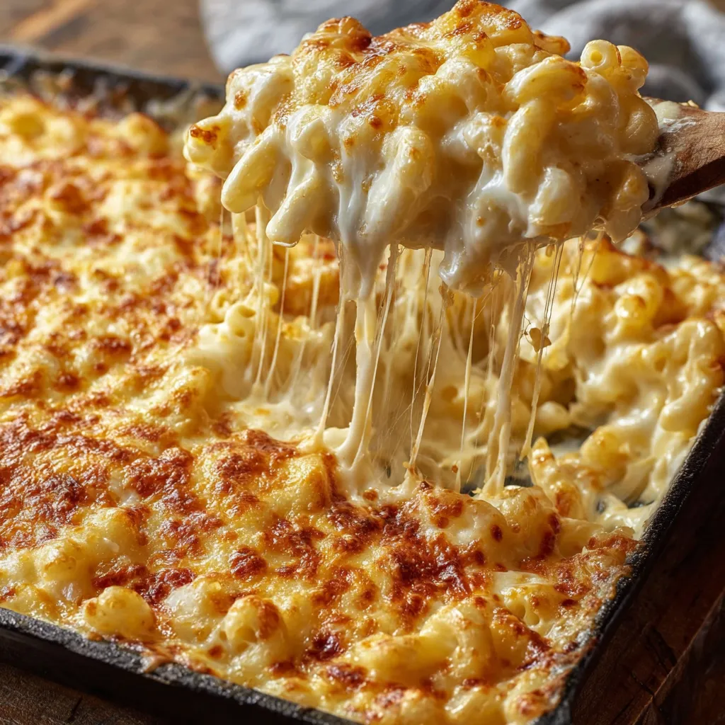 A pan of macaroni and cheese.