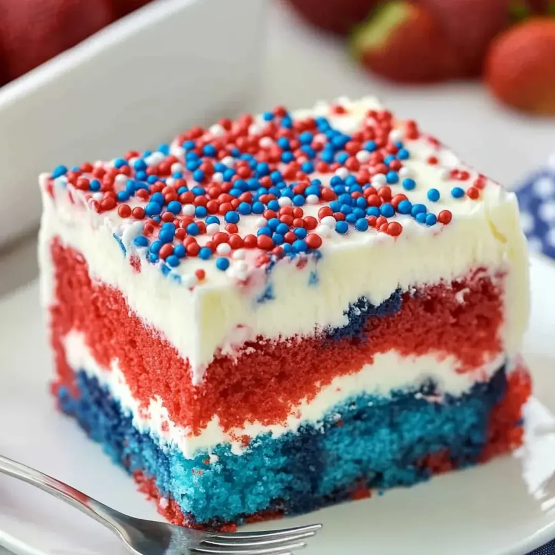 A slice of red, white and blue cake.
