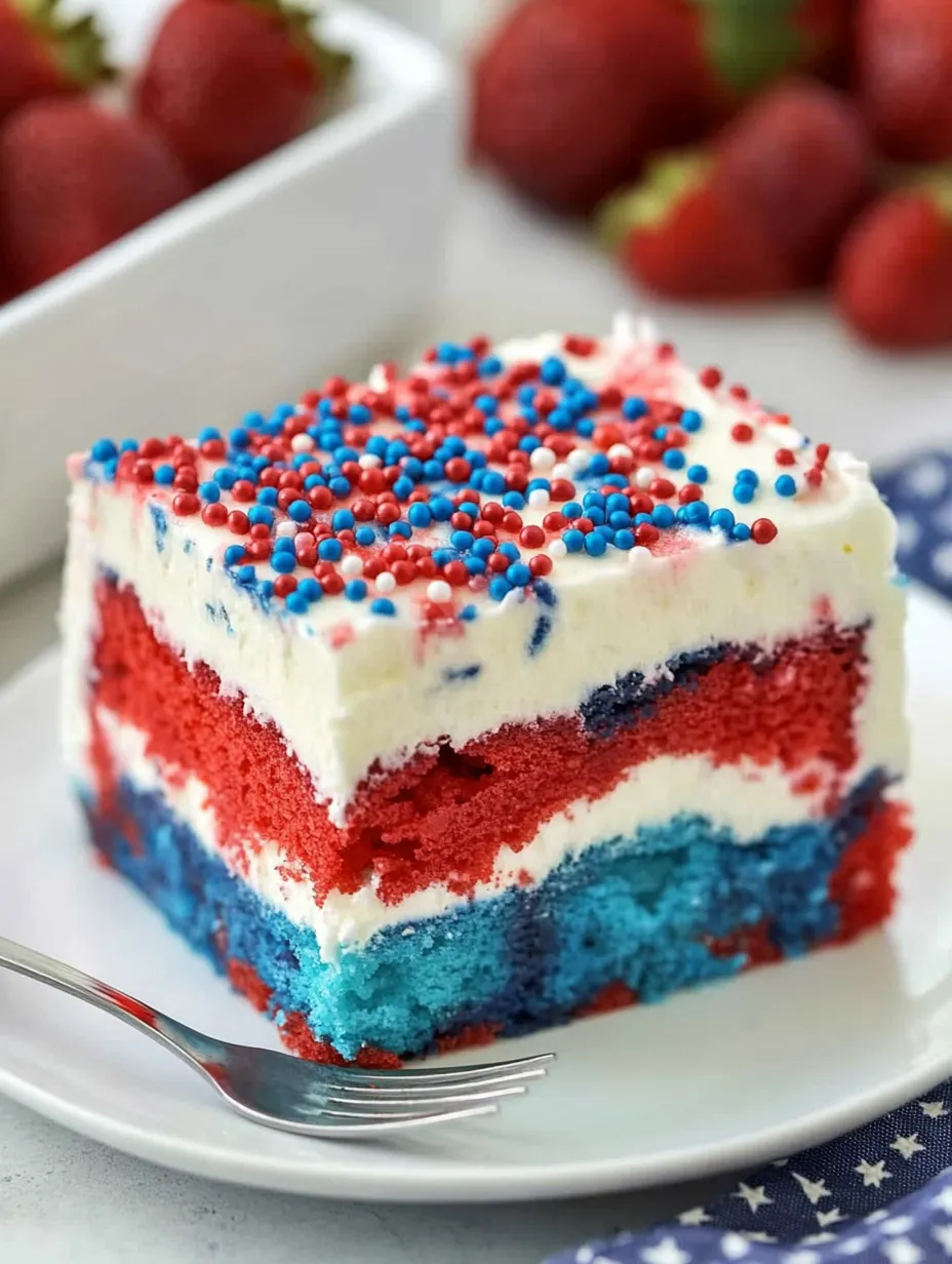A slice of red, white and blue cake.