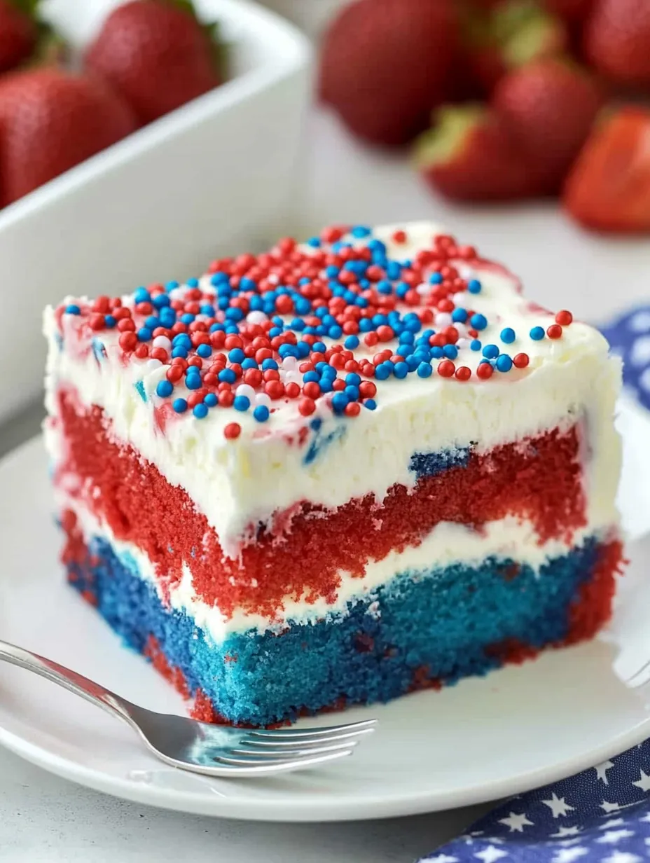 A slice of red, white and blue cake.