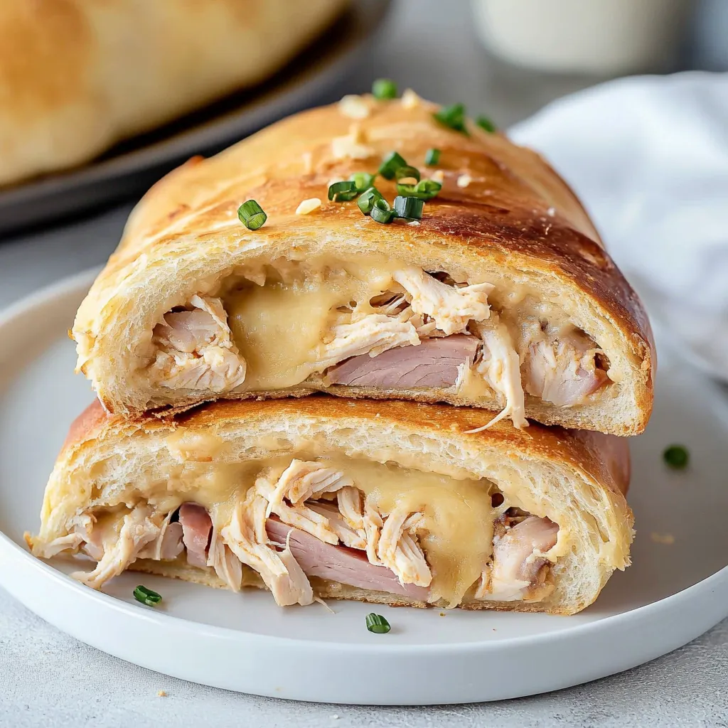 A sandwich with chicken and cheese on a white plate.