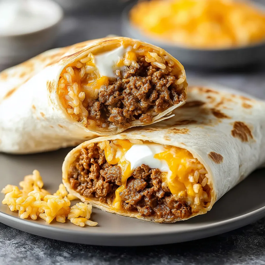Two burritos with cheese and meat on a plate.