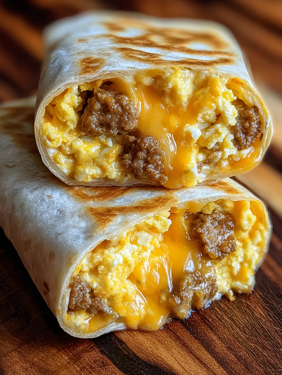 A breakfast burrito with eggs, sausage, and cheese.