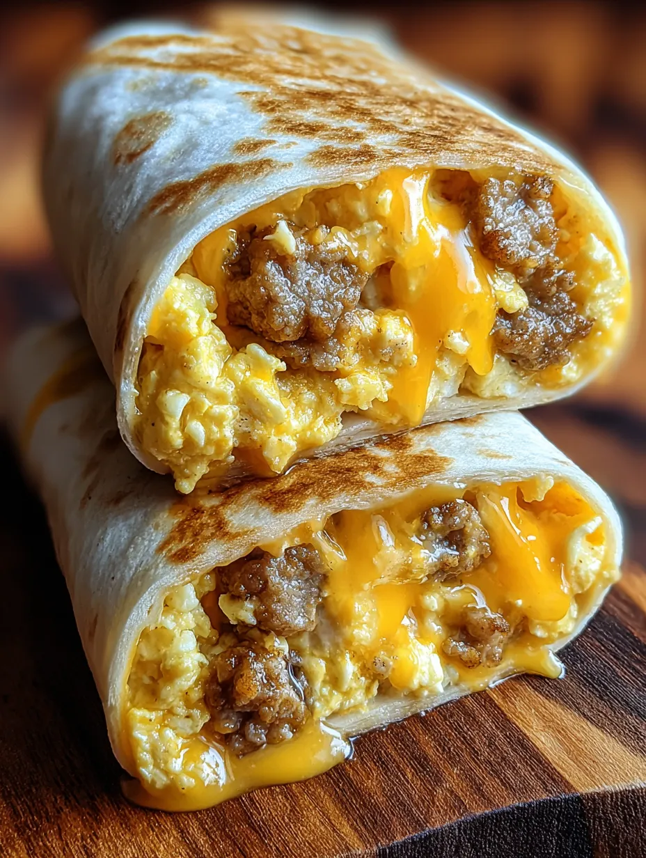 A breakfast burrito with eggs and sausage.