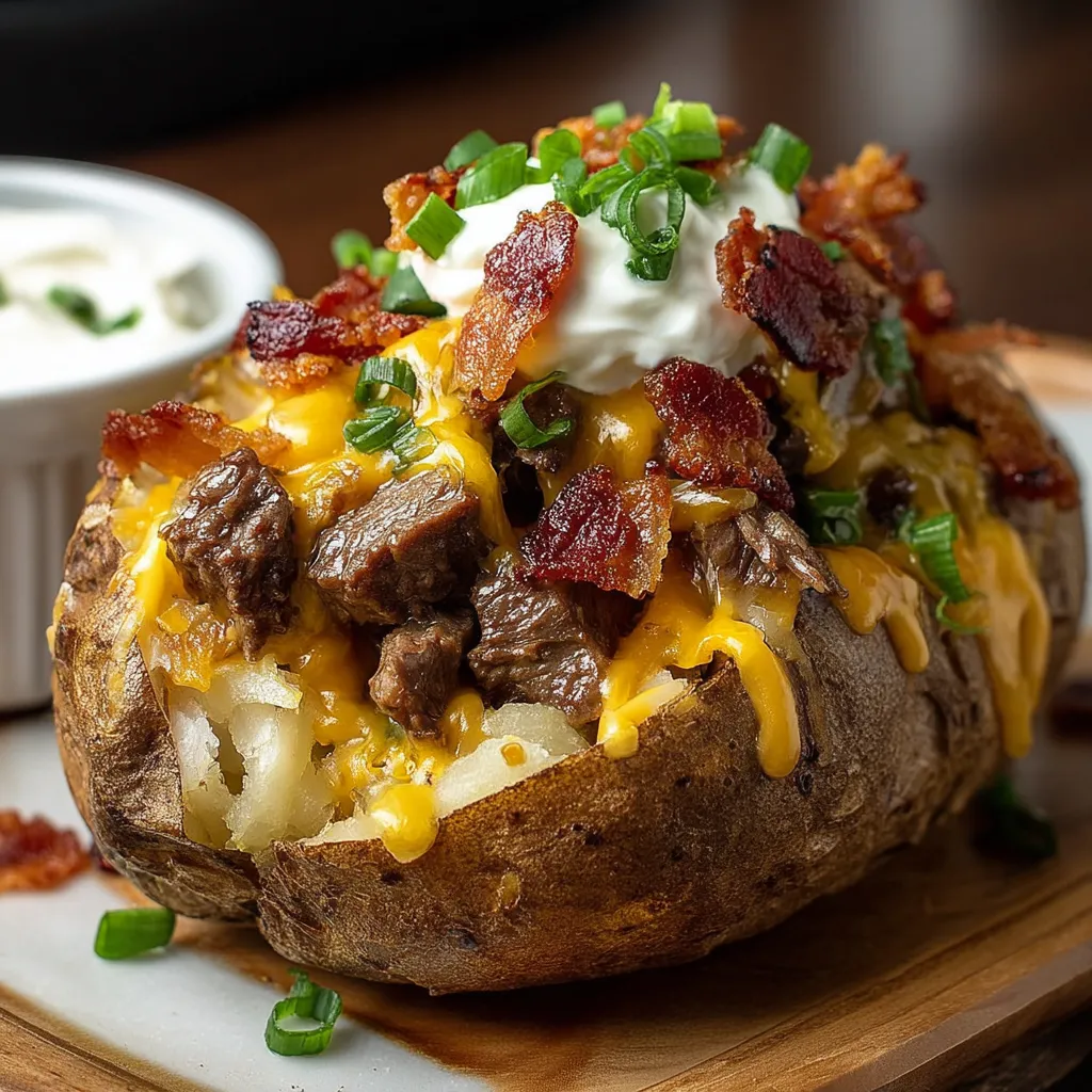 A close up of a bacon and cheese covered potato.