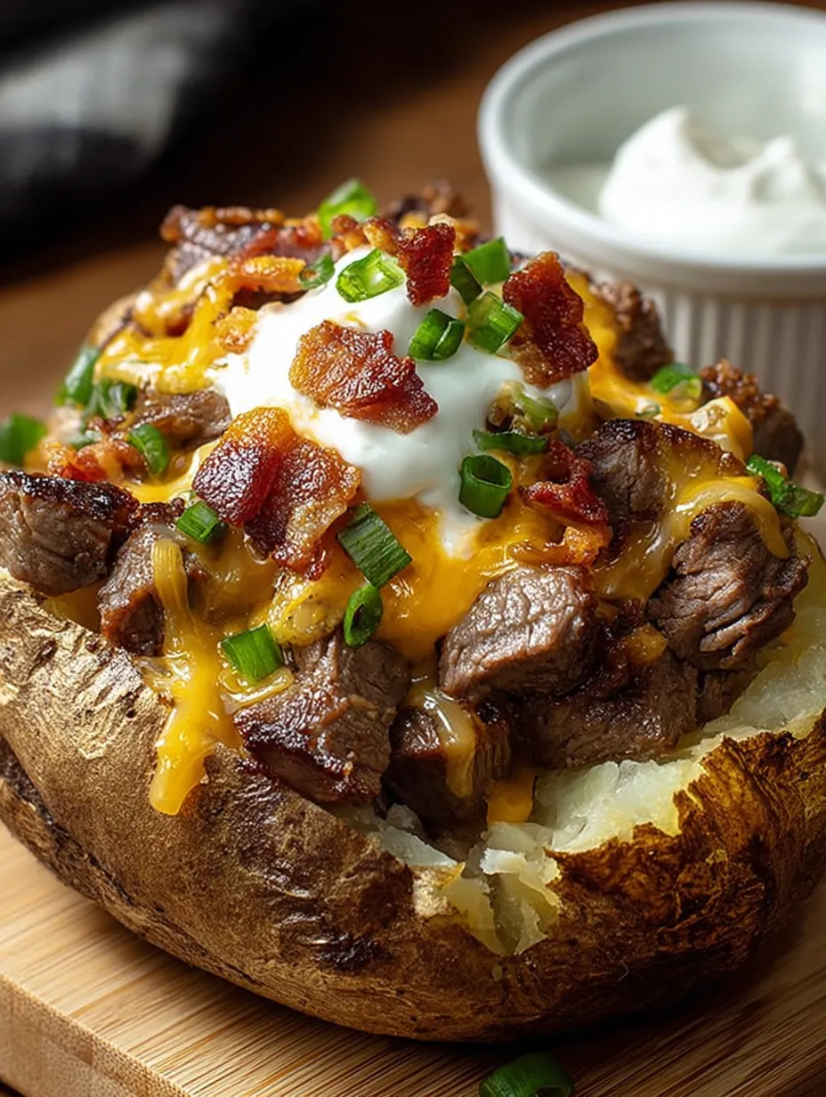 A close up of a bacon and cheese covered potato.
