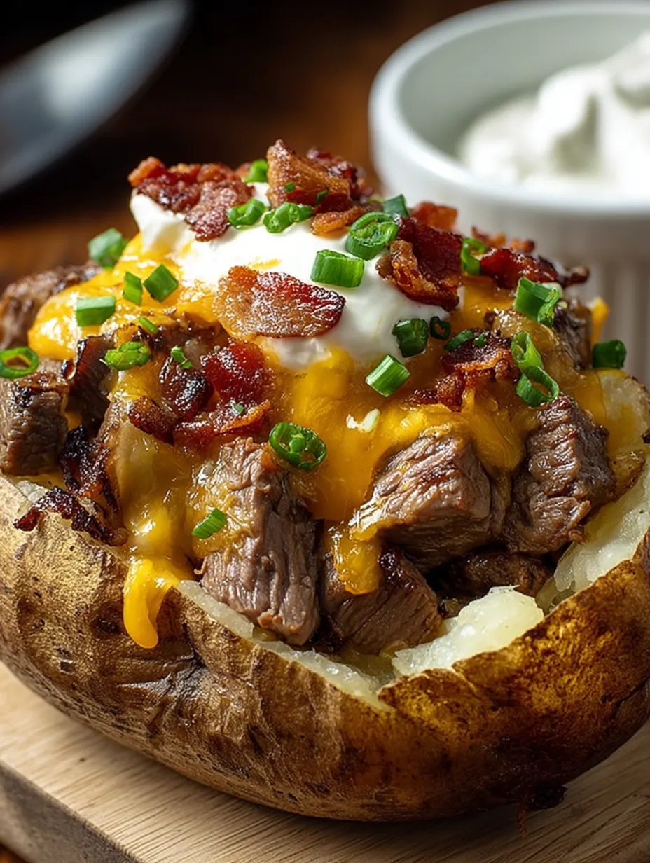 A close up of a bacon wrapped steak in a baked potato.