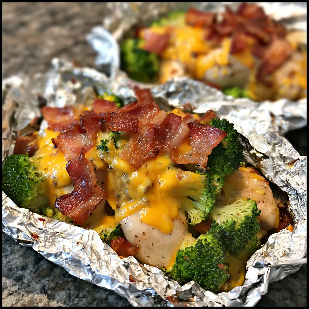 A foil wrapped dish with bacon and broccoli.