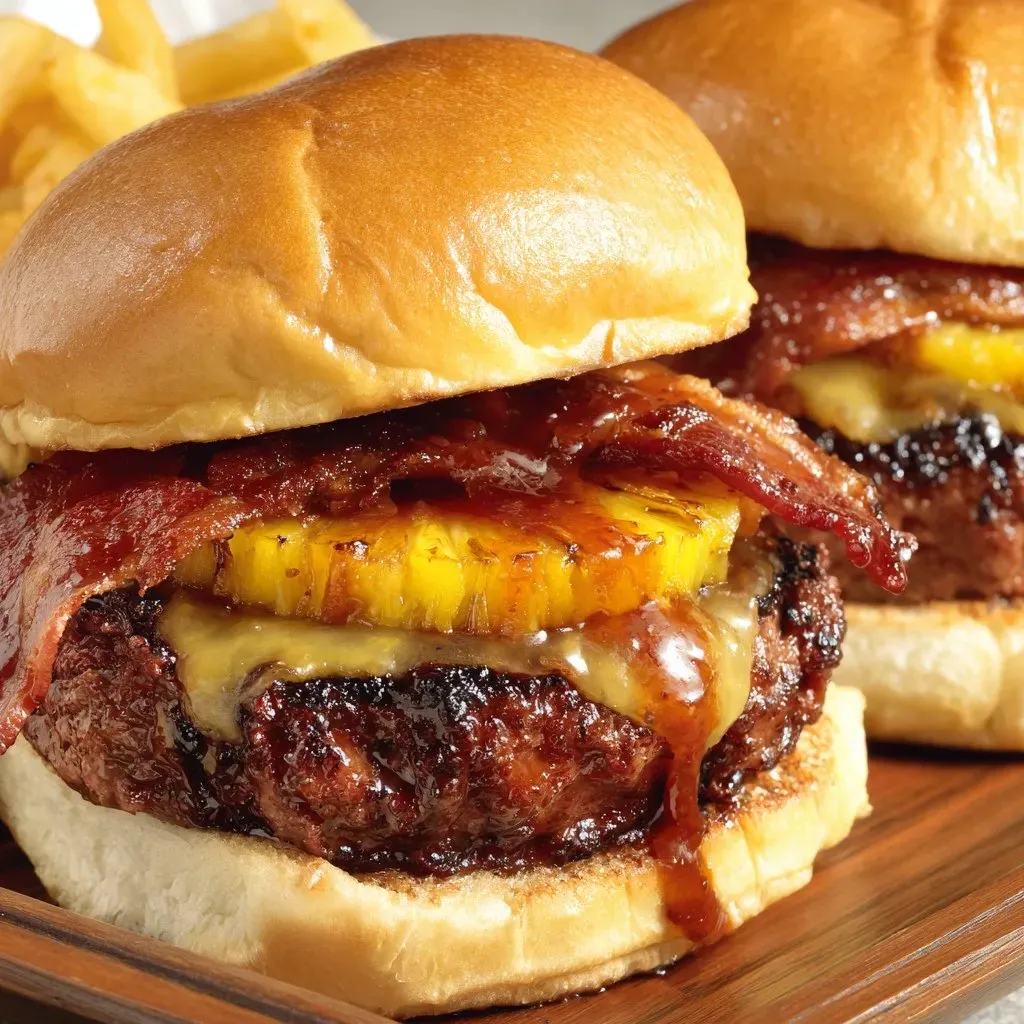 Two hamburgers with bacon and pineapple.