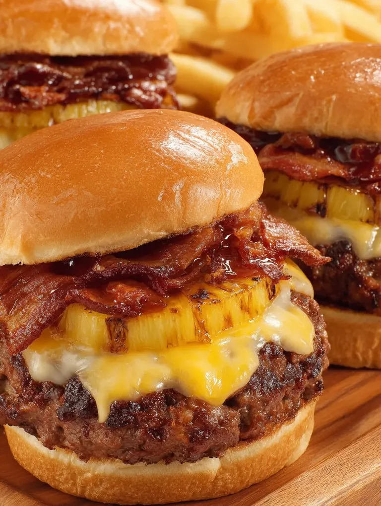 Two hamburgers with bacon and pineapple.