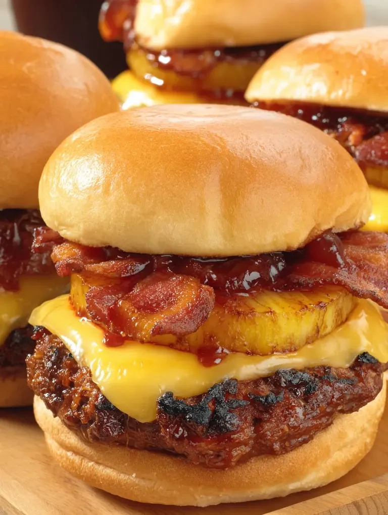 A close up of a hamburger with bacon and pineapple.
