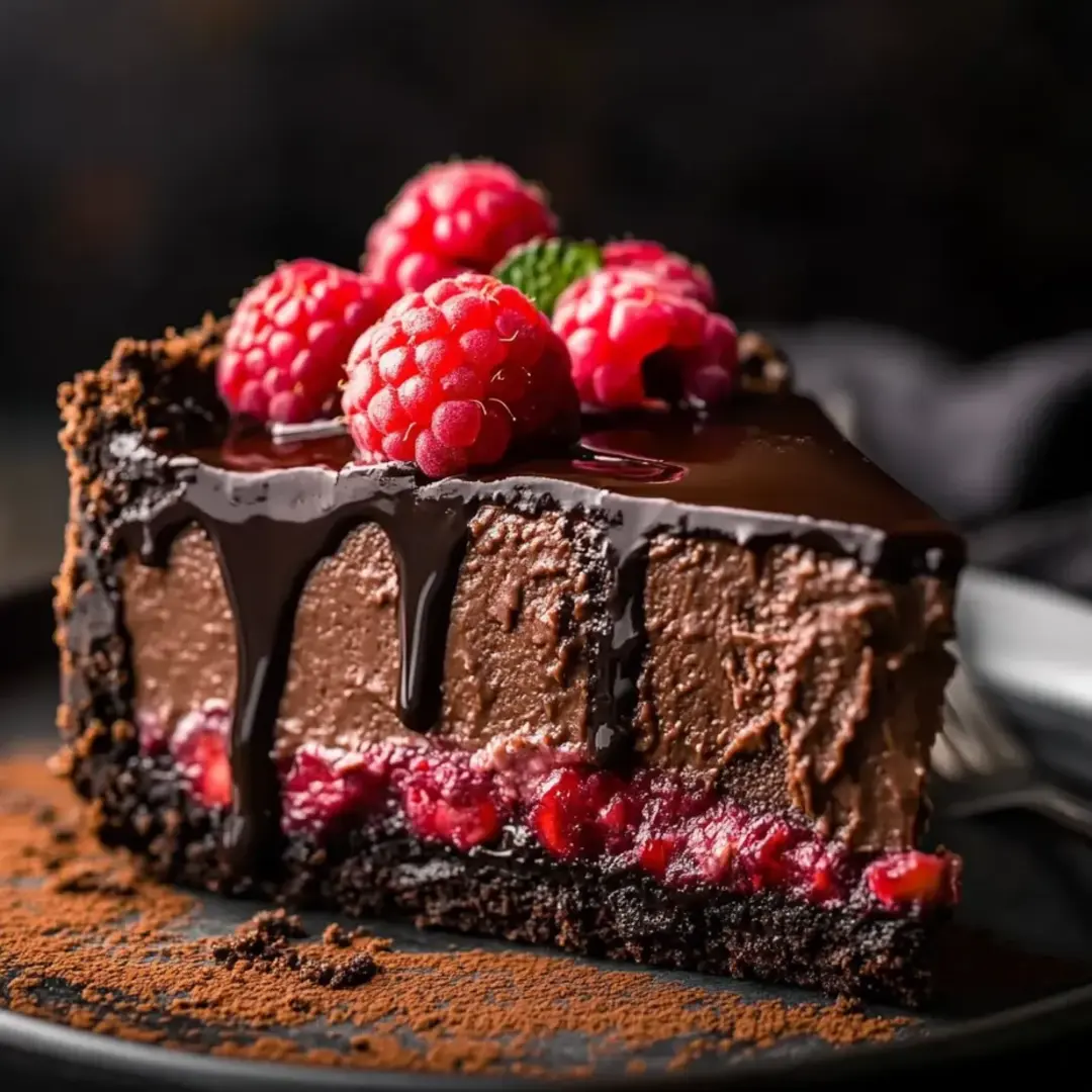 A slice of chocolate cake with raspberries on top.