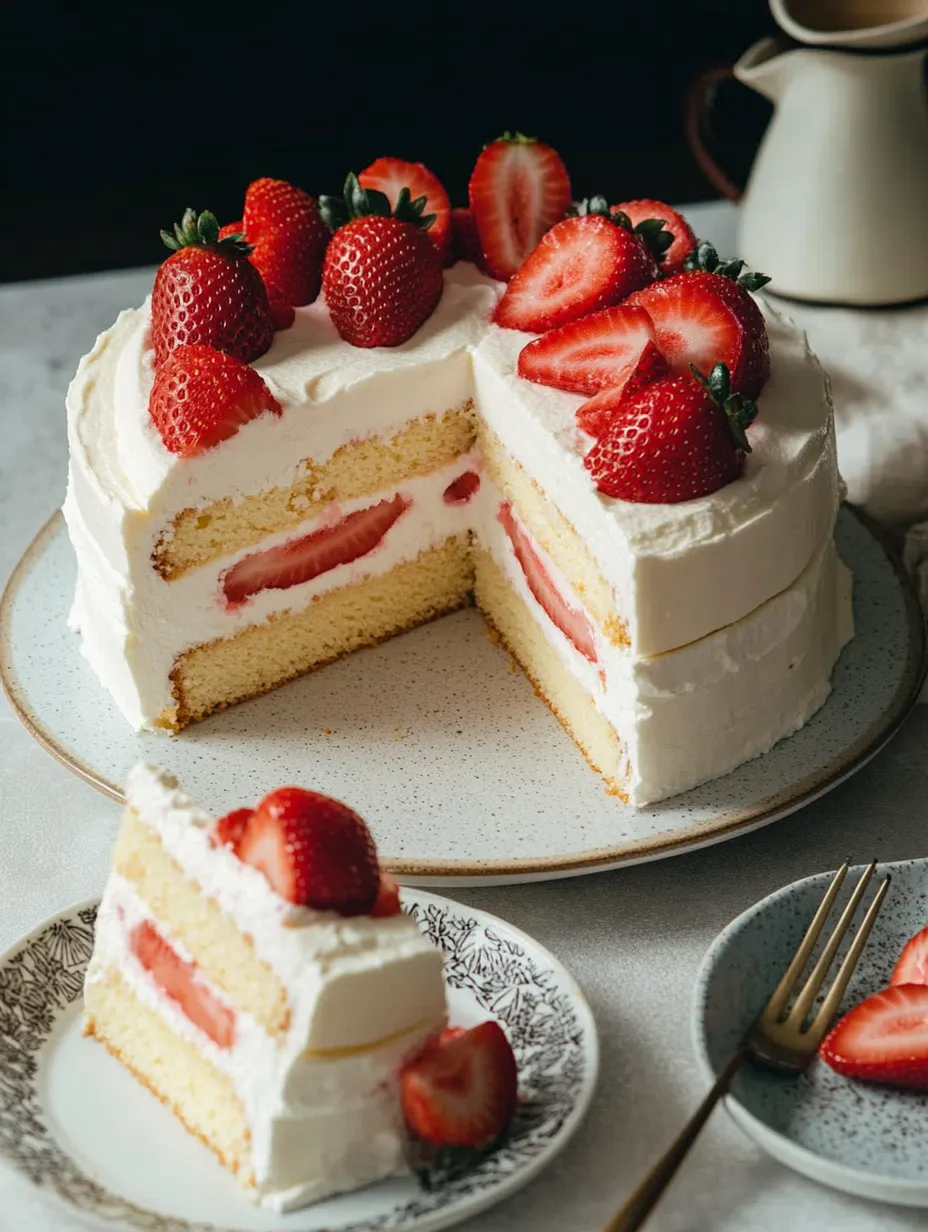 A slice of strawberry cake on a plate.