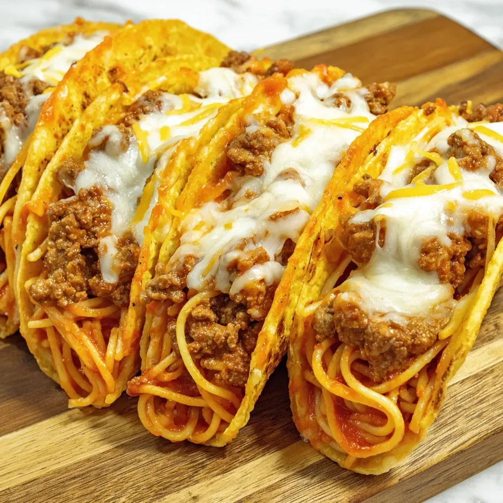 Four tacos with spaghetti and meatballs on a wooden cutting board.