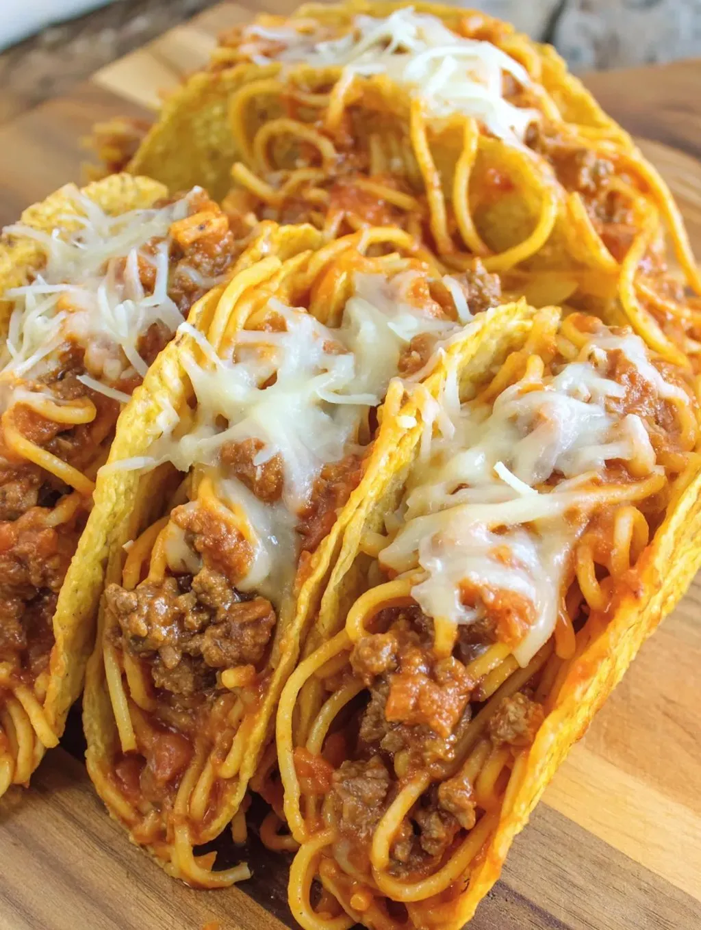 A plate of food with two tacos and a bowl of spaghetti.