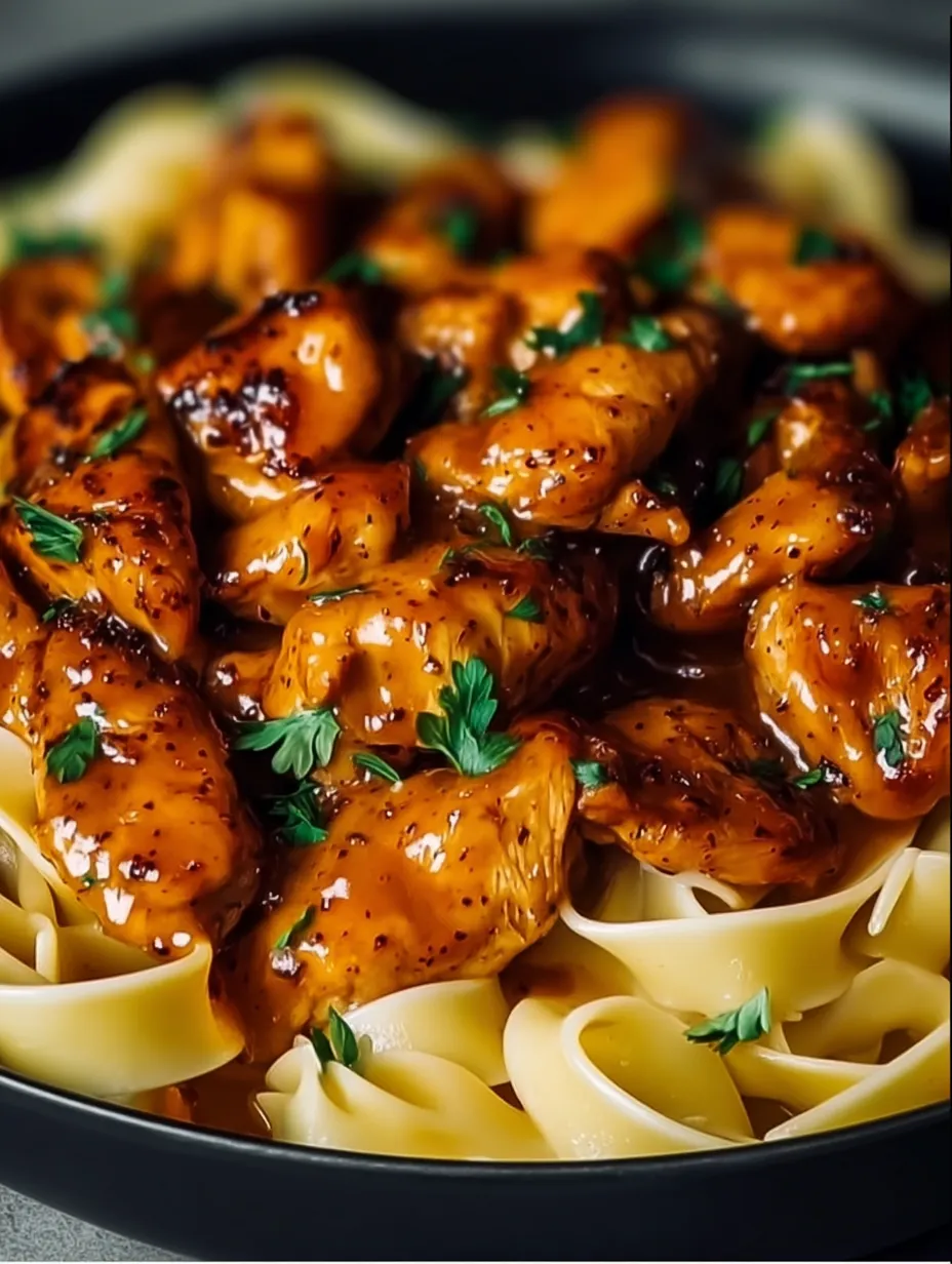 A plate of food with chicken and noodles.