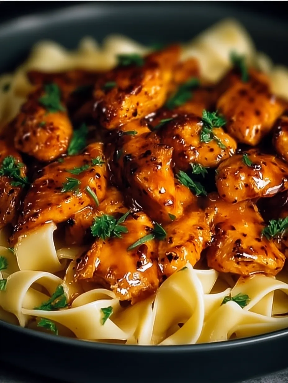 A plate of chicken and noodles.