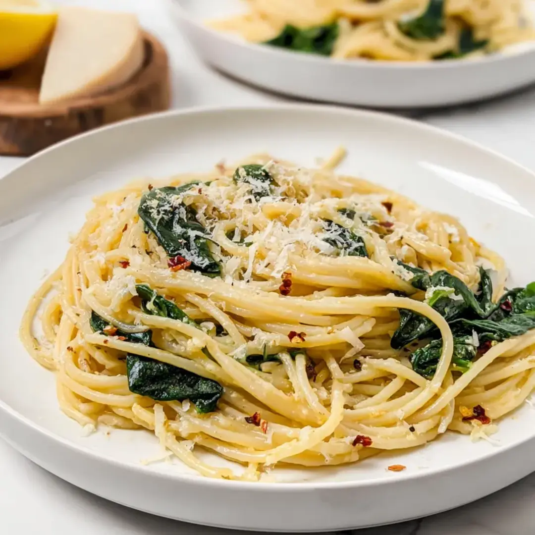 A plate of spaghetti with cheese and spinach.