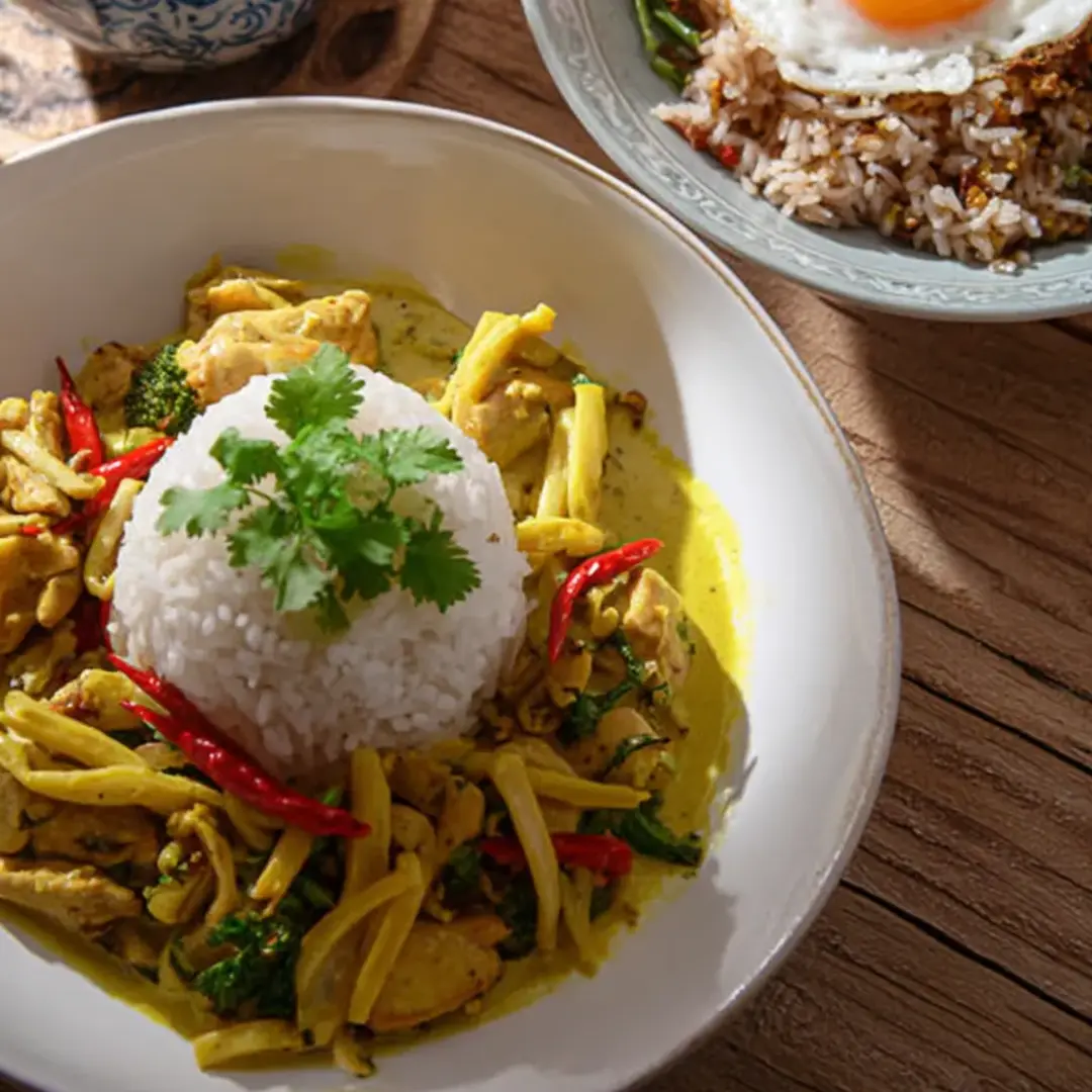 A plate of food with rice and chicken.