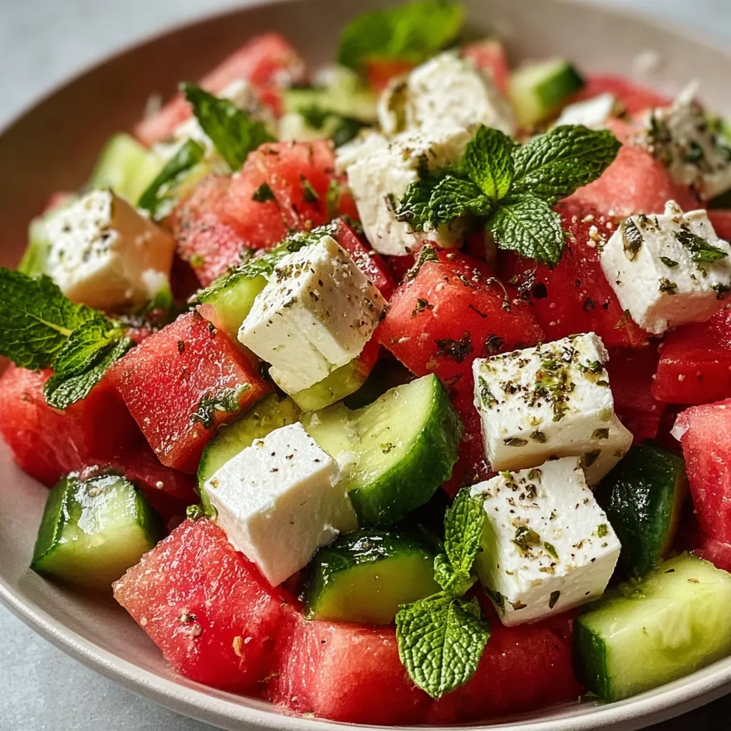 A bowl of fruit with watermelon, cucumber, and feta cheese.