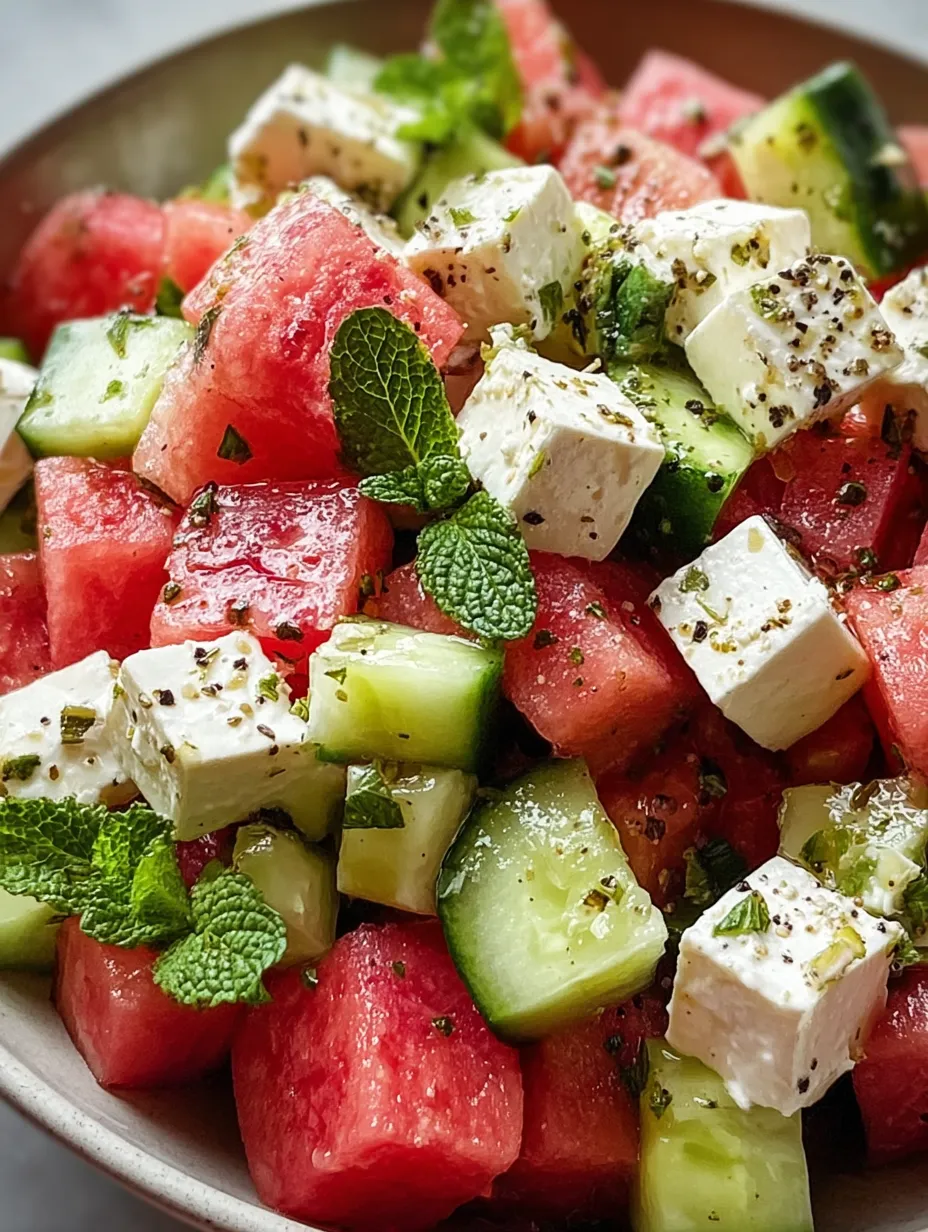 A bowl of watermelon and feta cheese.