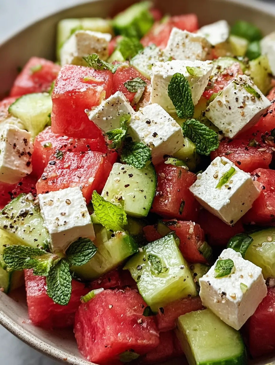 A bowl of watermelon and feta cheese.
